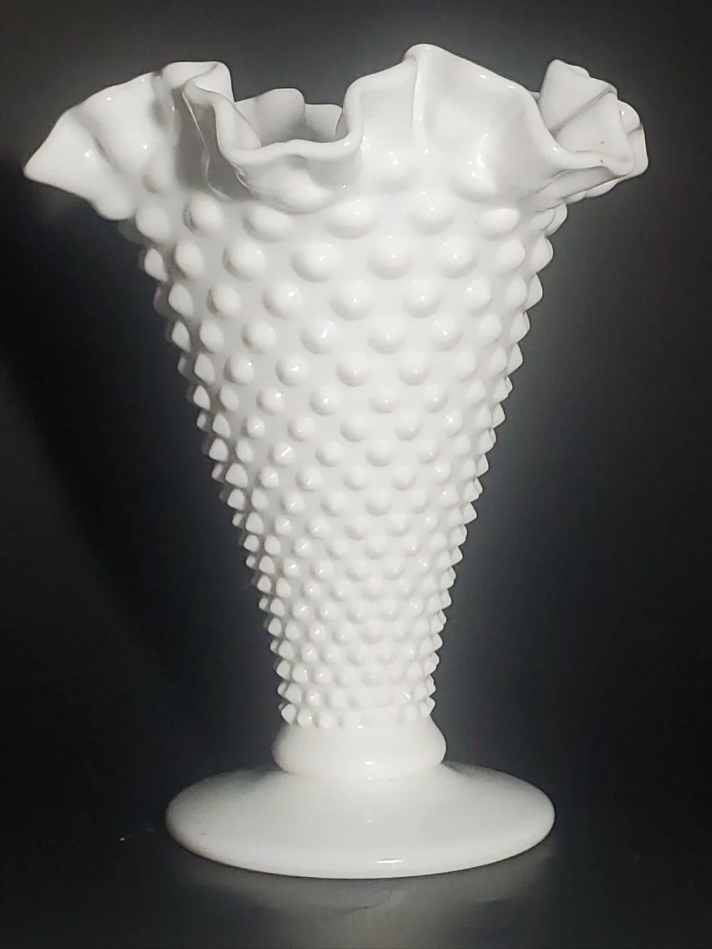 FENTON - Vintage Large Hobnail Milk Glass Trumpet Vase with Crimped Ruffled Rim
